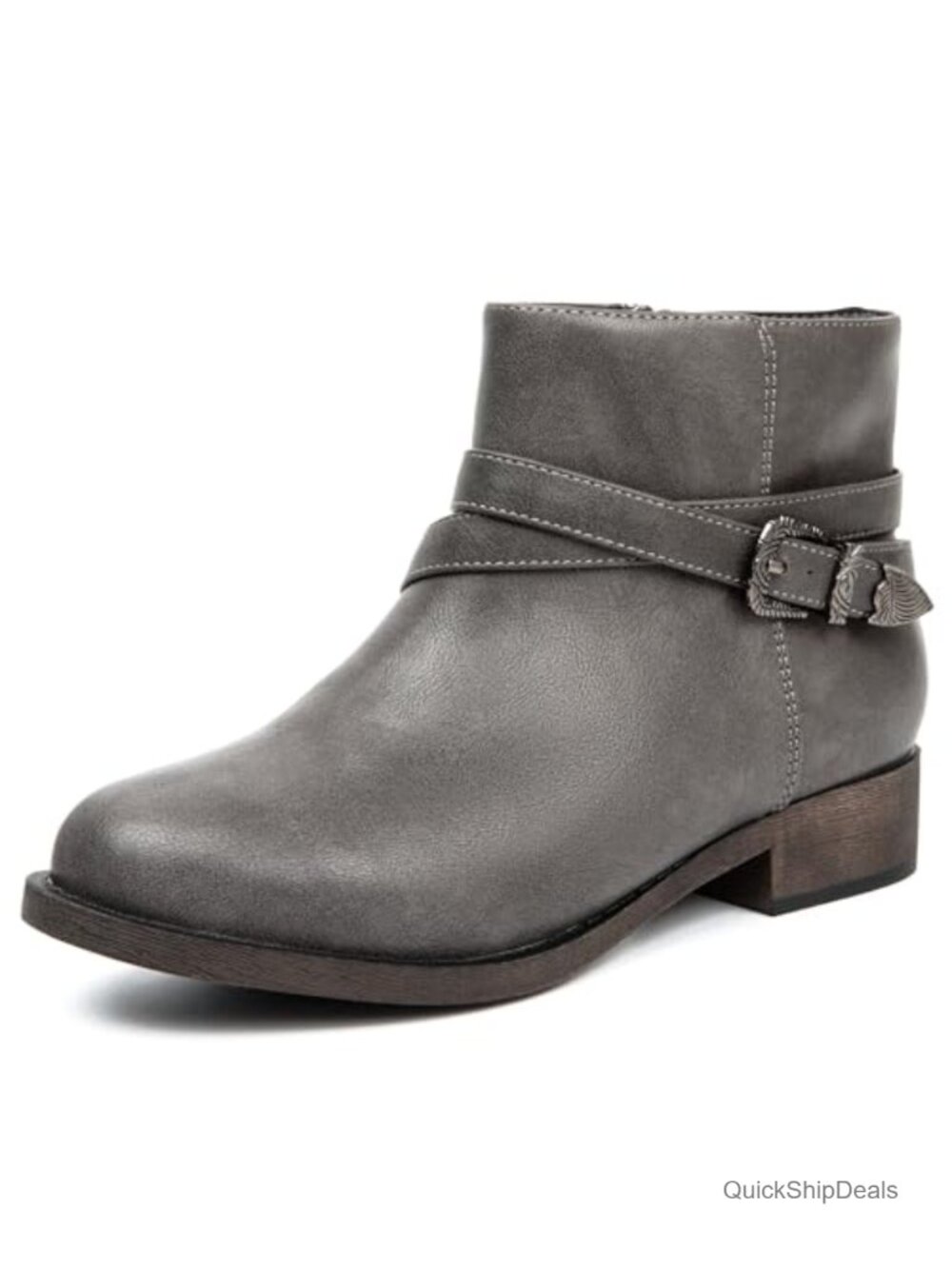 Womens Ankle Booties Low Chunky Heel Faux Leather Western Buckle Zip Boots
